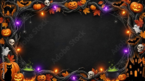 Halloween Border with Spooky Pumpkins, Skulls, and Ghosts