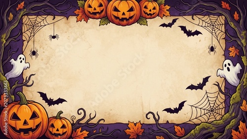 Halloween Border Frame with Pumpkins Ghosts and Spooky Trees