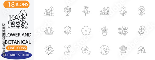 Flower and botanical line icons. Vector rose, tulip, bouquet, and lotus symbols with editable stroke.