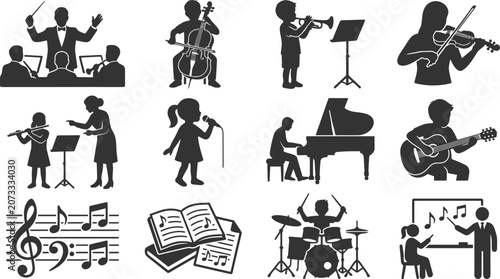 Fotografi Set of black silhouette music icons featuring students playing instruments and t