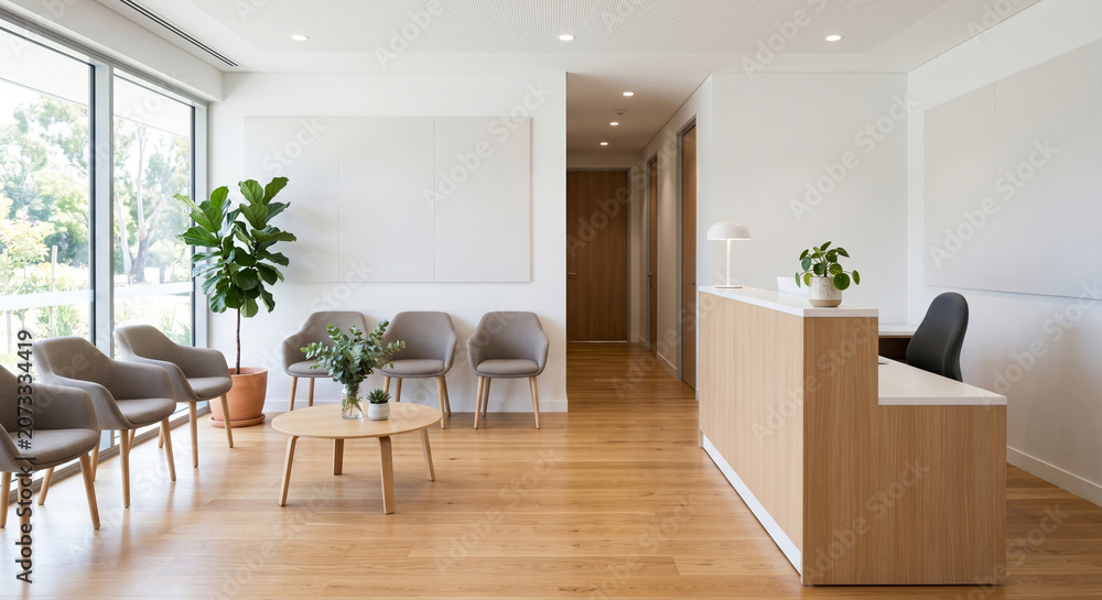 Fototapeta premium Clinic reception area with chairs, reception area showing round table, plants, desk and bright windows in clean healthcare interior