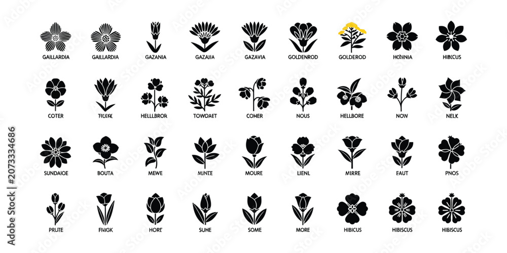 Obraz premium Collection of 40 minimalist black and white flower icons and floral silhouettes. Various botanical species including tulips, roses, hibiscus and daisies in flat vector design for logos.