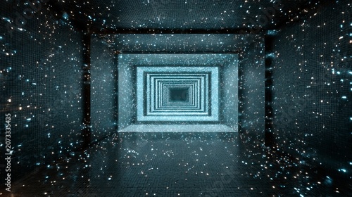 Abstract futuristic tunnel with floating particles.