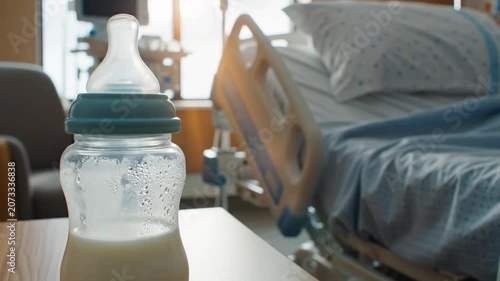 Baby Bottle On Bedside Table In Quiet Hospital Room Beside Empty Maternity Bed, Soft Morning Light Streaming Through Window, Medical Monitor And Chair Visible, Warm Blanket And Pillow, Bottle Filled