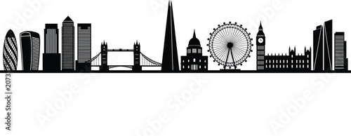 Fotografía London city skyline silhouette black vector banner featuring famous landmarks sk