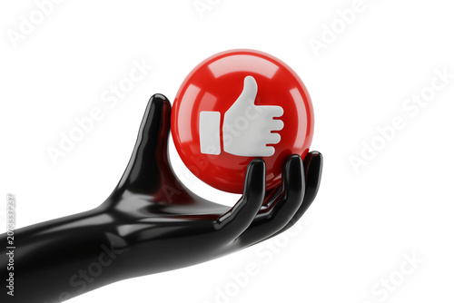 Hand holding red thumbs up icon, isolated on white
