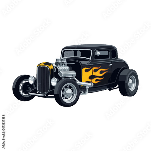 Black Hot Rod Car with Yellow Flames: Classic Custom Automobile with Powerful Engine