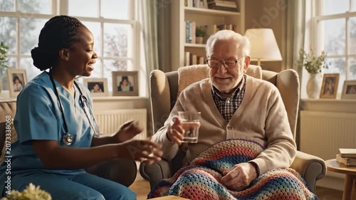 Black Nurse Comforts White Elderly Patient In Cozy Living Room, Offering Glass Of Water And Gentle Conversation Beside Blanket On Lap And Chair, Warm Sunlight Through Window, Family Photographs