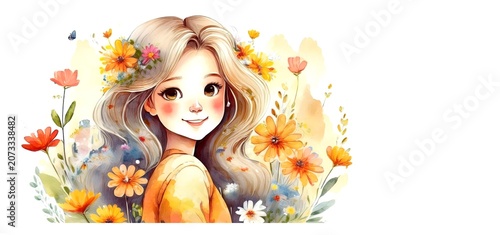 Romantische Karten Vorlage mit Mädchengesicht und Blumen im Aquarell Technik	