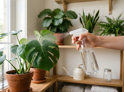 Hand using spray bottle to mist green monstera plant leaves on bright wooden shelf room interior