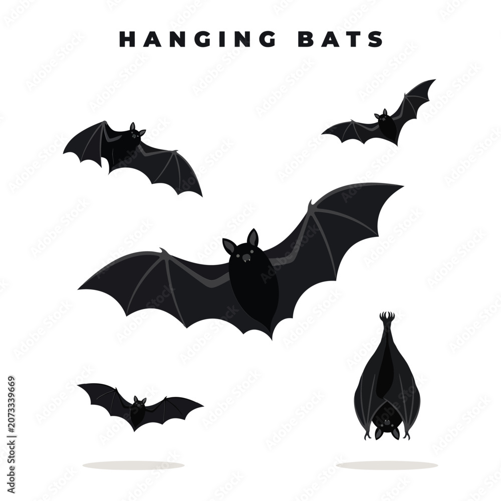 Fototapeta premium Set of cute cartoon bats flying and hanging upside down isolated on white background, for halloween decoration, and spooky night themed
