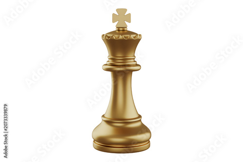 Golden Chess King Piece Standing Isolated on White Background, Strategic Game Element