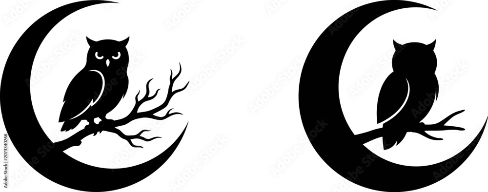 Obraz premium Black silhouette icons of owls sitting on tree branches with crescent moon shapes
