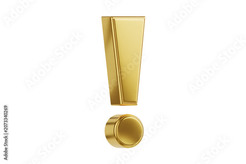 Golden Exclamation Mark Symbol, Shiny Metallic Punctuation, Isolated on White Background