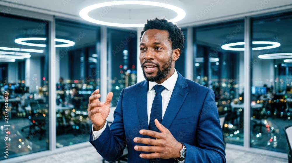Fototapeta premium Man in suit speaking in modern office with city view.