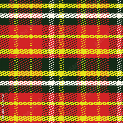 Classic red yellow green plaid tartan seamless pattern background, Scottish check textile fabric design 