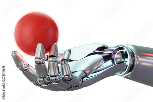Robotic Hand Holding a Red Sphere with Futuristic Metallic Design