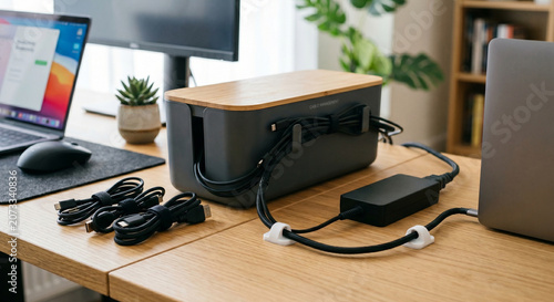 Fotografie Home office desk technology details with cable dock and devices, home office des