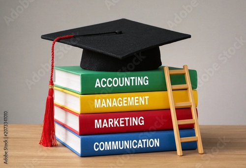 Stacked books, graduation cap, and colorful ladders symbolize education, learning, growth, ambition, academic success, knowledge development, achievement, inspiration, and lifelong exploration.