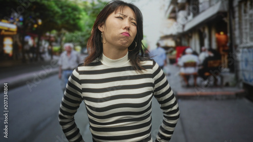 Картината върху платно Woman grimacing with hands on hips, striped sweater and visible face in a street cafe; annoyance impatience