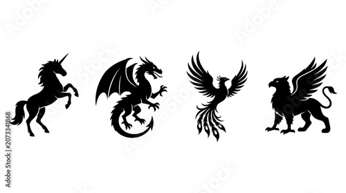 Fényképezés Black Silhouette Set of Mythical Creatures Featuring Unicorn Dragon Phoenix and