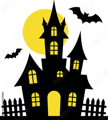 Haunted house silhouette with glowing yellow windows and a large full moon. Spooky Halloween castle vector illustration with flying bats isolated on white background.