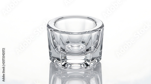 Decorative faceted glass dappen dish for professional dental material mixing and clinical use, transparent heavy crystal glass bowl for laboratory liquids on a bright white background setting. (