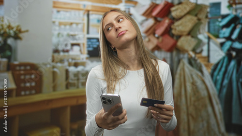 Foto Woman holding smartphone and creditcard in boutique store, pouting while comparing options among handbag racks; shopping frustration