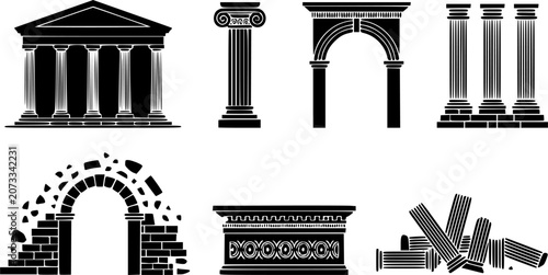 Ancient Greek temple architecture and Roman ruin elements vector silhouette icon set featuring classic Corinthian columns, standing stone arches, historic pediments, and a heap of collapsed pillar deb
