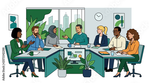 A diverse team of professionals engages in a productive collaborative brainstorming session while sharing ideas and strategy plans during a comprehensive project meeting held inside an office