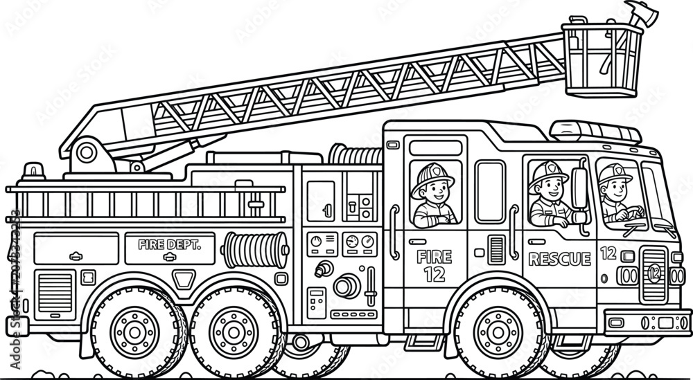 Fototapeta premium Fire truck with an extendable ladder and emergency personnel stands ready for rescue operations.