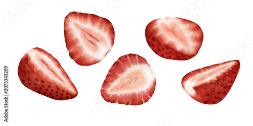 Hand painted watercolor clipart set featuring fresh strawberry slices in different shapes and angles. for food packaging, recipe books, menus, kitchen decor, labels, healthy food branding, summer 