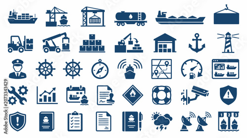 Obraz na plátně Shipment and maritime vessel management vector icon set.