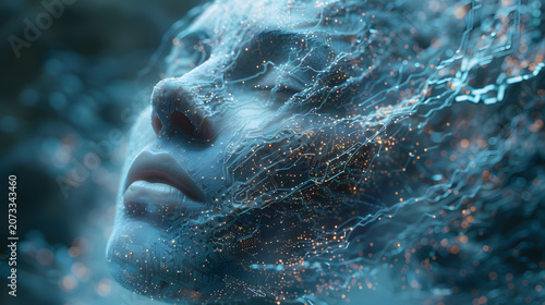 Conceptual Digital Artwork of Male Android with Single Red Optical Sensor, Metallic Reflections, Cinematic Lighting