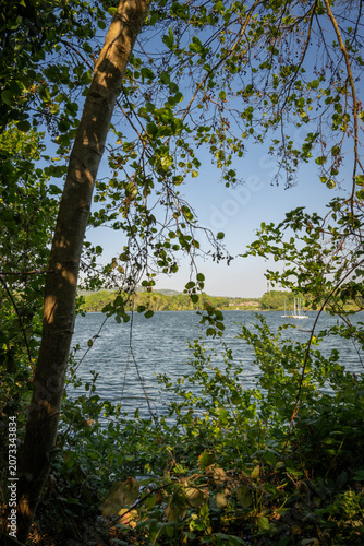 Mercers Lake near Merstham, Surrey, UK. View through trees to the lake. Boats are moored on the water.