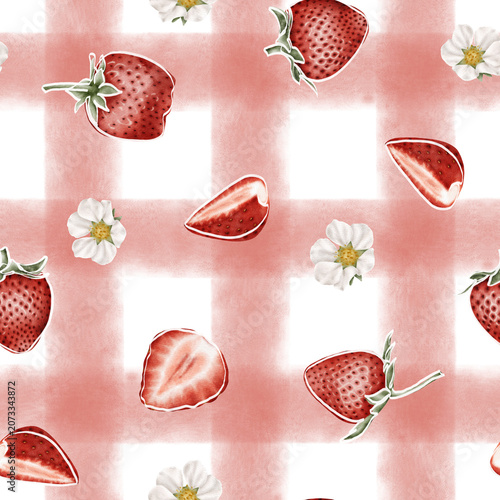 Hand painted watercolor seamless pattern featuring ripe strawberries, strawberry slices, delicate white blossoms, and a soft pink gingham background. Charming cottagecore-inspired design with a fresh 