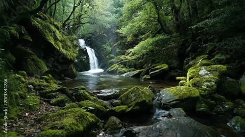 Scenic waterfall cascading into a pristine forest pond for tranquility and mindfulness concept, captured in a lush mossy landscape with ethereal sun rays