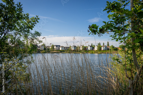 A modern housing development next to the Holmethorpe Lagoons in Mersham, Surrey, UK. Trees and reeds in the foreground. Landscape orientation.