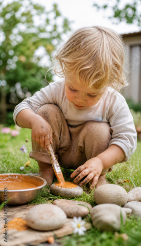Child painting stones with bright orange color in garden