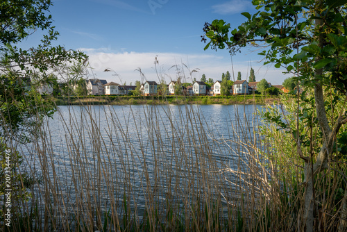 A modern housing development next to the Holmethorpe Lagoons in Mersham, Surrey, UK. Trees and reeds in the foreground. Landscape orientation.
