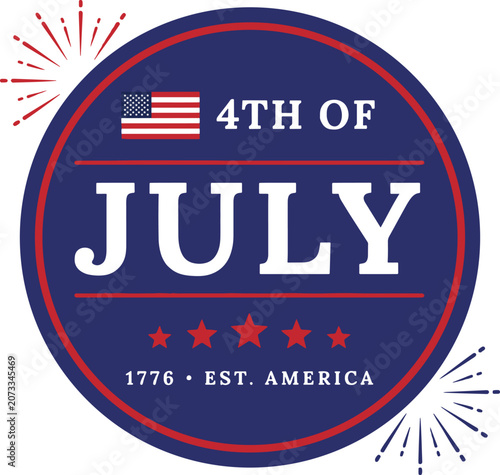 4th of July Independence Day Vector Illustration with USA Flag, Fireworks, Patriotic Stars, Bold Typography Design, American National Holiday Celebration