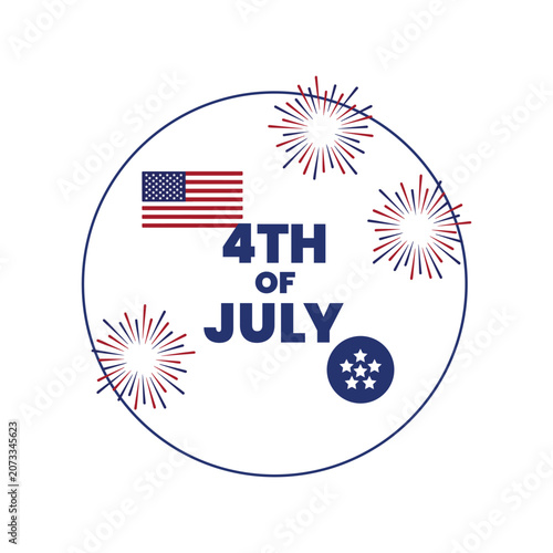 4th of July Independence Day Vector Illustration with USA Flag, Fireworks, Patriotic Stars, Bold Typography Design, American National Holiday Celebration