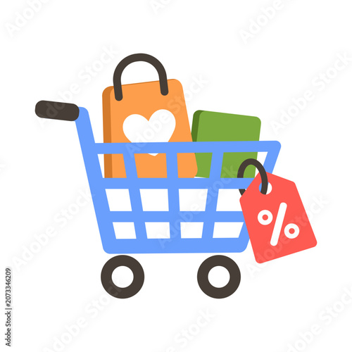 Flat shopping cart icon filled with bags, products and discount tag. Colorful retail and online shopping illustration for ecommerce, sales, supermarket and consumer concepts.