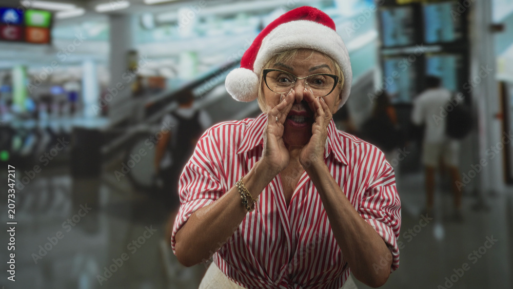 Fototapeta premium Woman cupping hands to mouth shouting in busy airport terminal wearing santa hat and striped shirt; festive cheer.