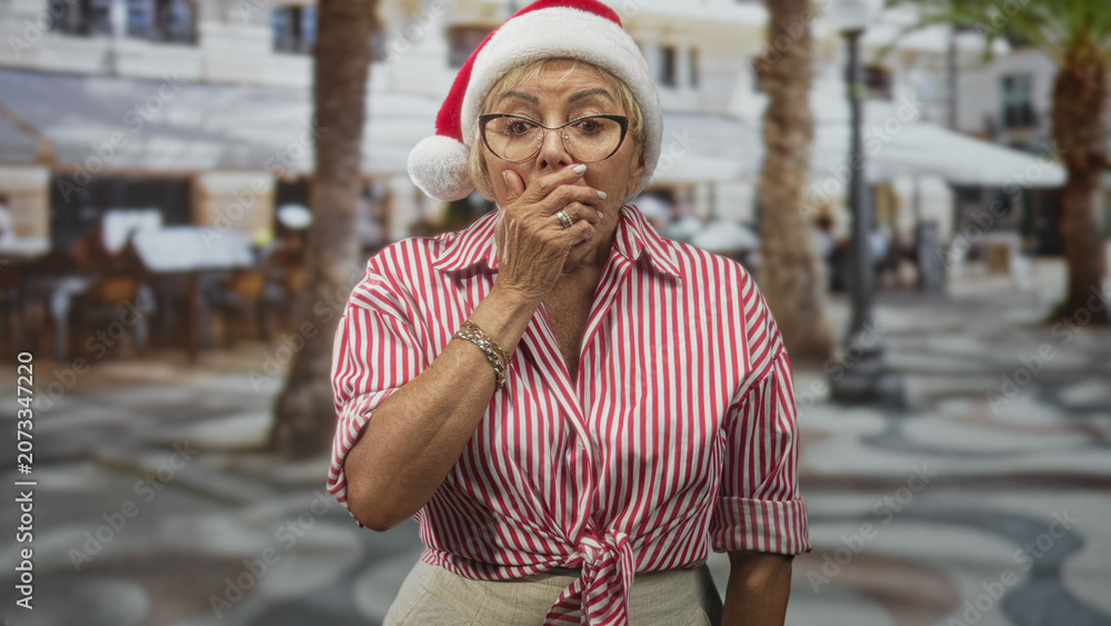 Fototapeta premium Woman covering mouth with hand wearing santa hat and striped shirt on a street cafe; surprise holiday nostalgia.