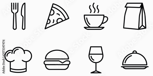 Food and Restaurant Line Icon Set Vector Fork Knife Pizza Coffee Bag Chef Hat Burger Wine Glass Dome Plate Symbol Collection Isolated on White Background
