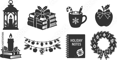 Bild auf Leinwand Set of festive winter holiday school icons featuring books and decorations for t