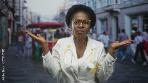 Картината върху платно Woman doctor with stethoscope raising hands palms out in street wearing labcoat and glasses while signaling to crowd of passersby; concern duty