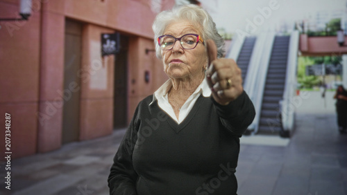 Photos Senior woman shows thumbs down with outstretched hand in a building by escalator and tiled floor; disapproval firm judgment