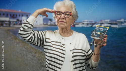 Konstfotografi Elderly woman holding a miniature shopping cart and touching her temple, standing before a white coastal building and harbor pier; quiet reflective nostalgia